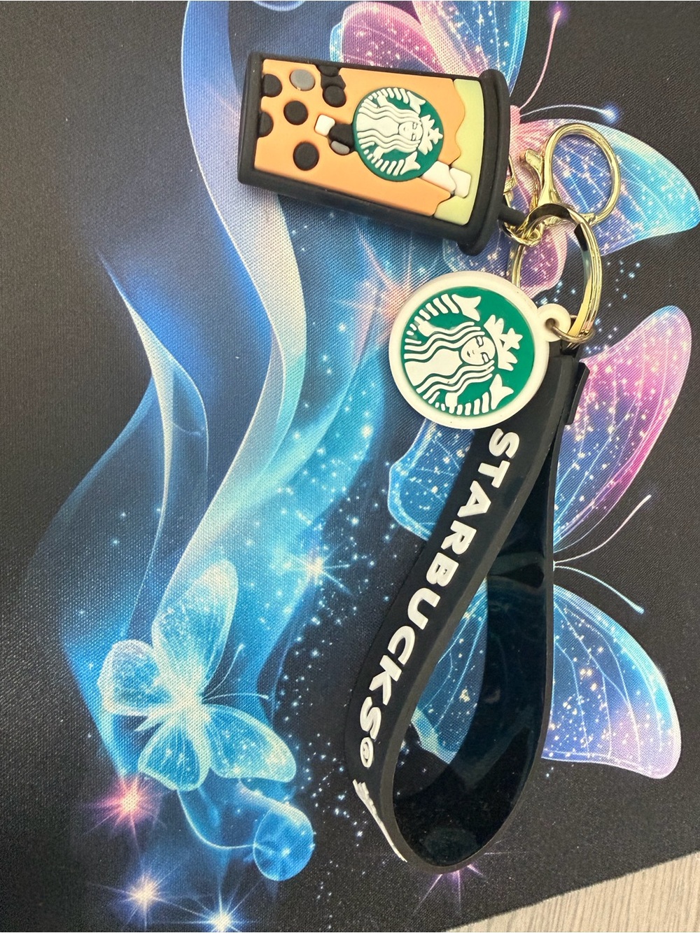 Starbucks Black Silicone Keychain Strap with Green Logo Charms
